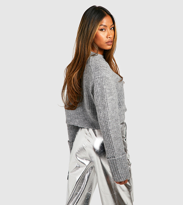 Buy Boohoo Soft Marl Crop Jumper With Deep Cuffs In Grey