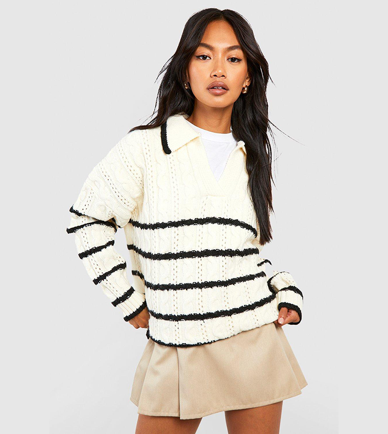 Knit Cable Stripe Polo Collar Sweater