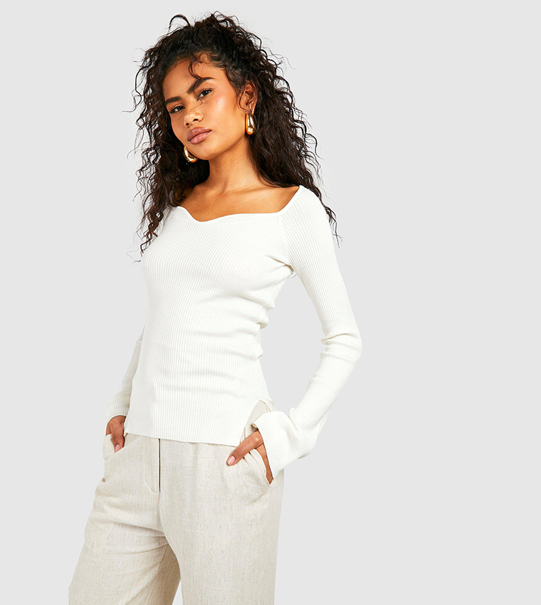 Buy Boohoo Sweetheart Neckline Ribbed Knit Top In OFF WHITE