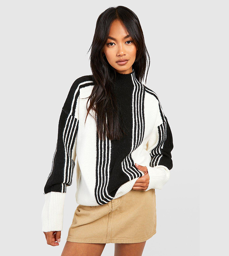 Buy Boohoo Mixed Wide Stripe Oversized High Neck Sweater In Black