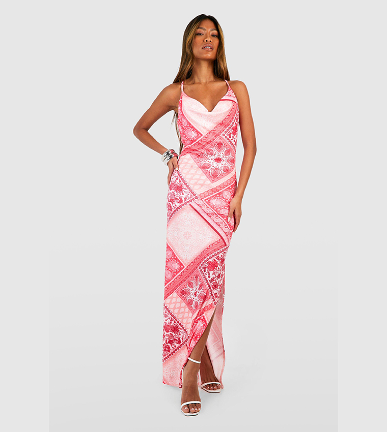 Buy Boohoo Scarf Print Cowl Neck Split Maxi Dress In Pink