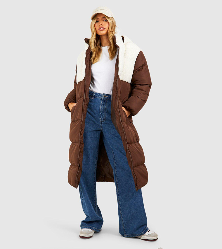 Buy Boohoo Teddy Panelled Longline Puffer Jacket In Brown