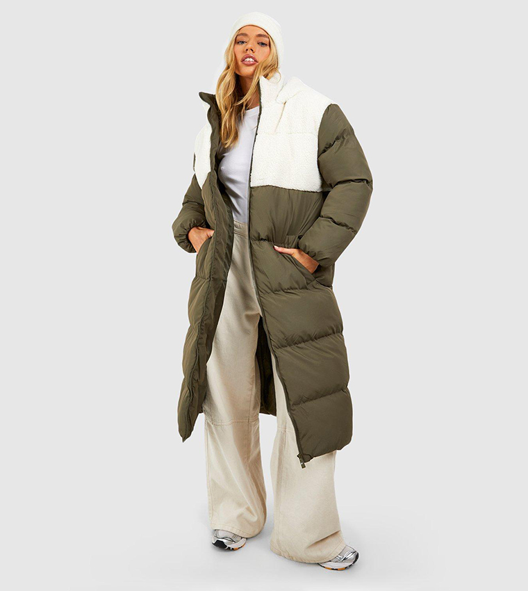 Buy Boohoo Teddy Panelled Longline Puffer Jacket In Khaki 6thStreet UAE