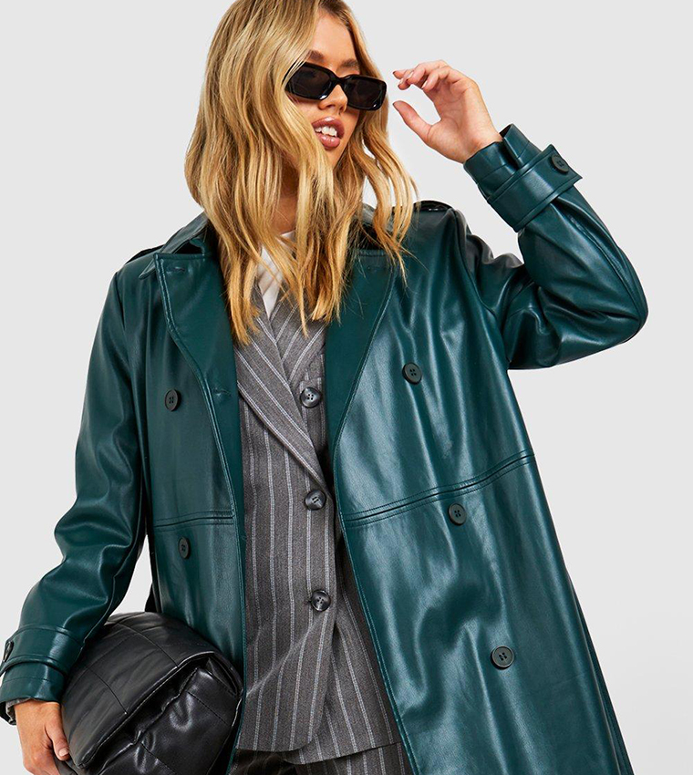 Belted Faux Leather Trench Coat