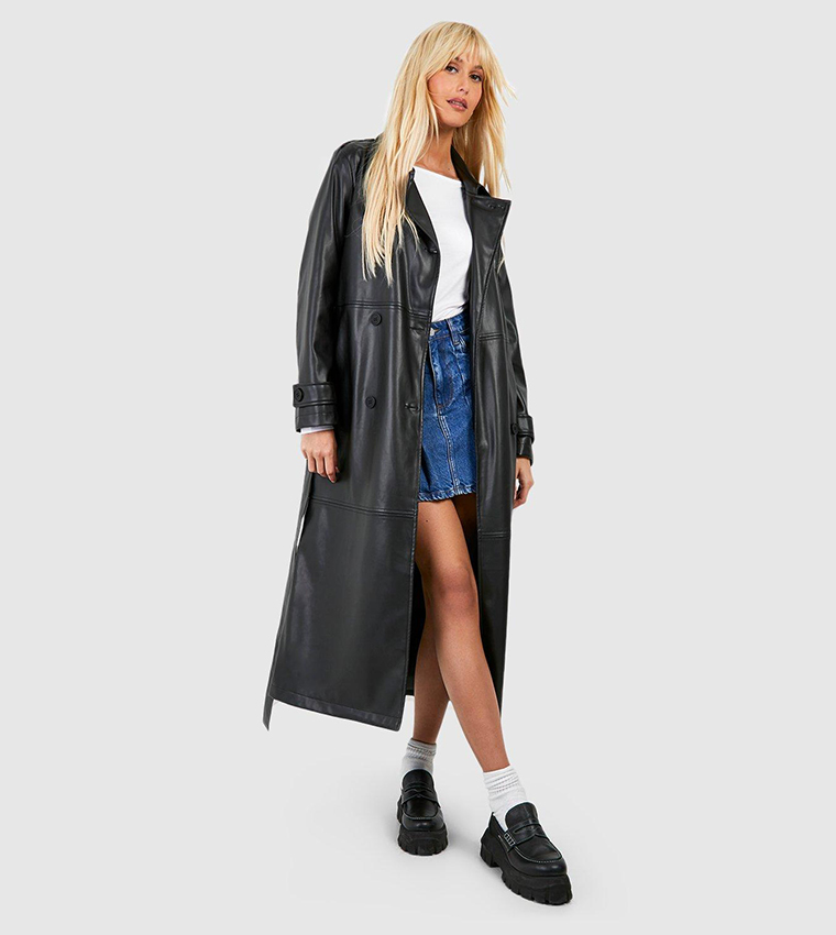 belted faux leather trench