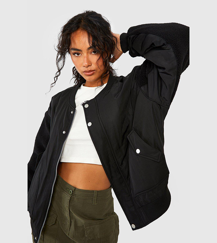 Buy Boohoo Teddy Sleeves Bomber Jacket In Black | 6thStreet UAE