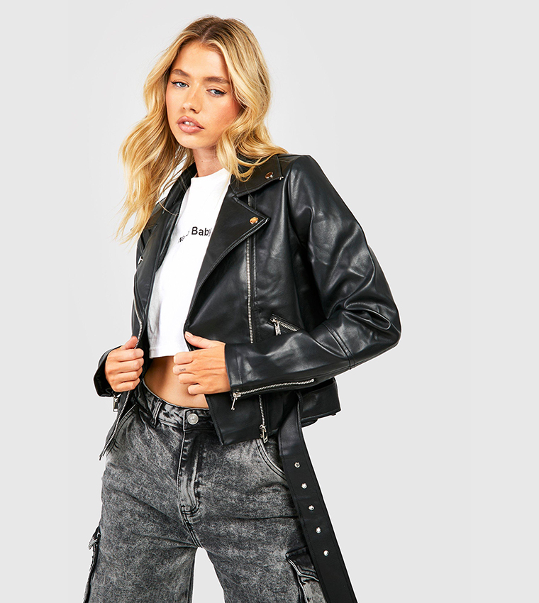 Buy Boohoo Belted Biker Jacket In Black | 6thStreet Qatar