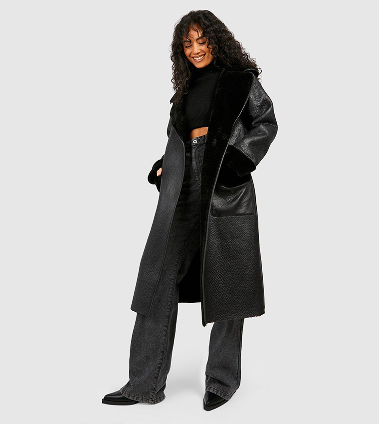Buy Boohoo Faux Fur Shawl Collar Belted Faux Leather Coat In Black