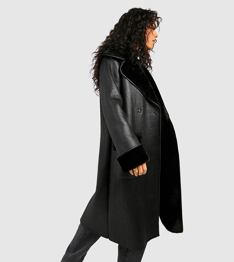 Black belted faux discount fur belted wool coat