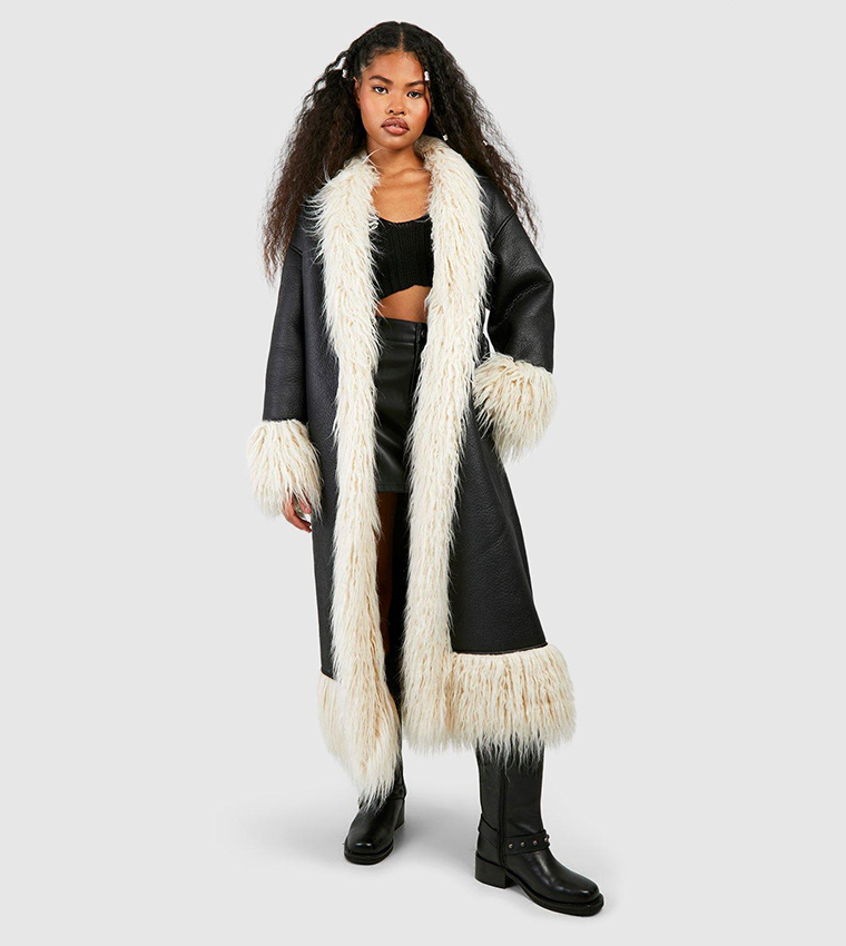 Buy Boohoo Faux Fur Trim Midaxi Leather Jacket In Black 6thStreet Kuwait