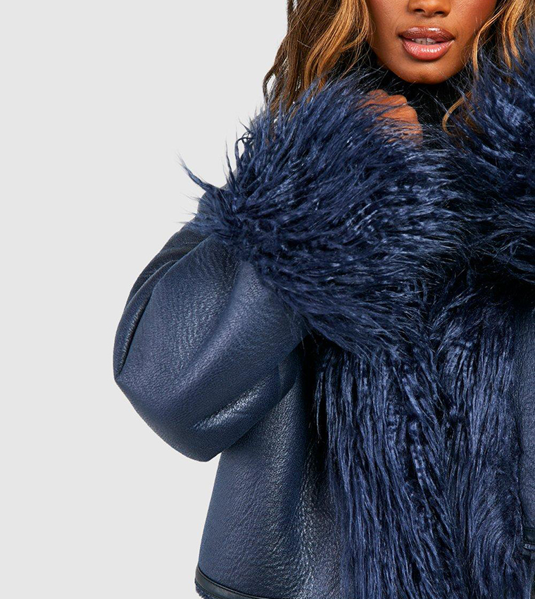 Dark blue faux fur jacket best sale