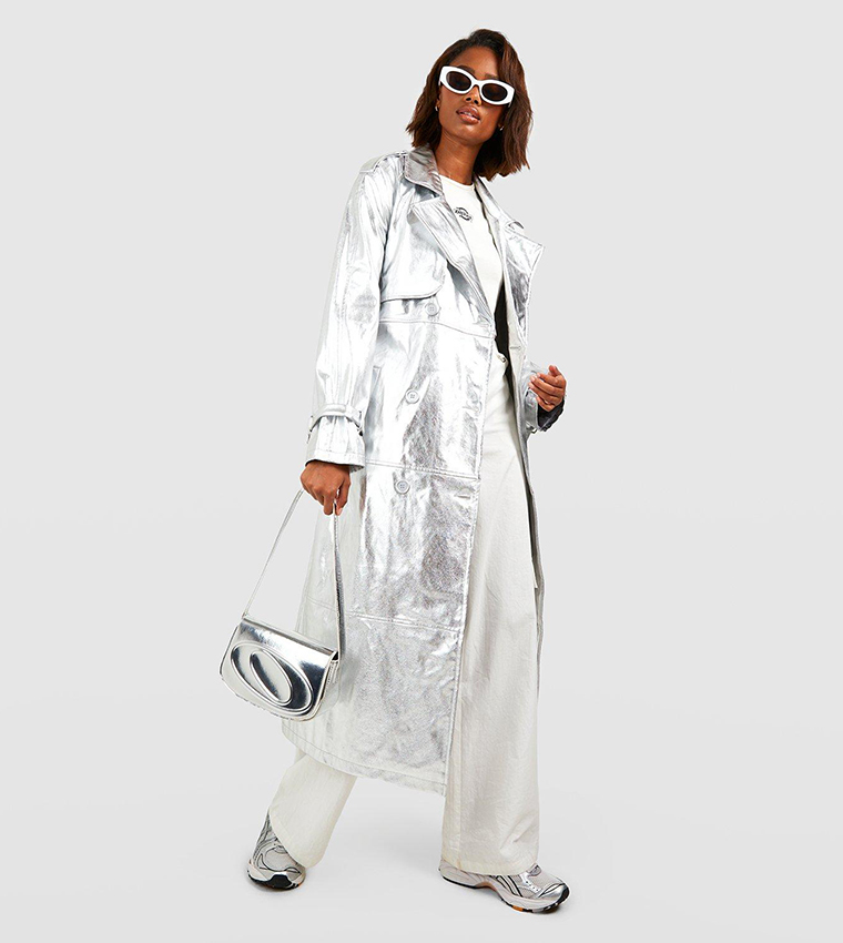 Buy Boohoo Metallic Double Breast Faux Leather Maxi Trench Coat In Silver 6thStreet Bahrain