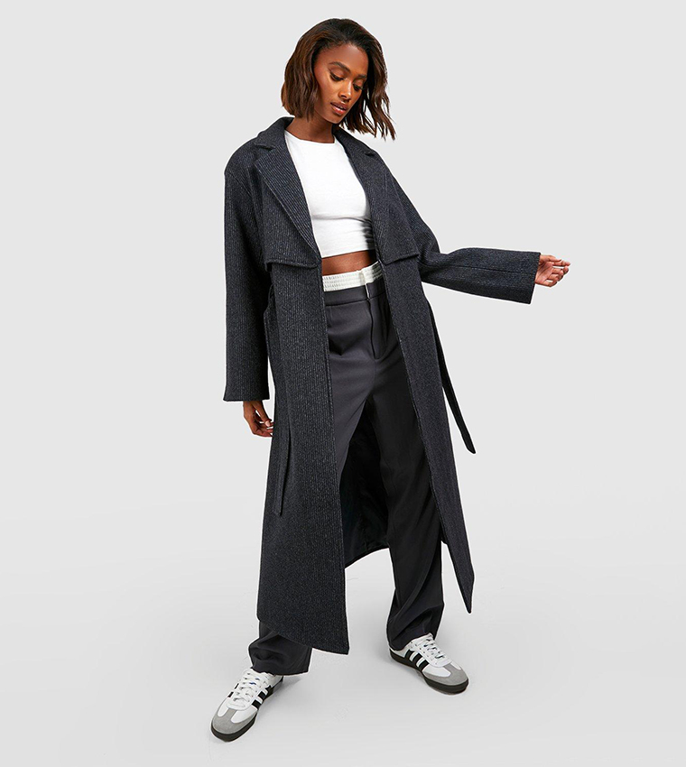 Buy Boohoo Pinstripe Belted Wool Trench Coat In Navy 6thStreet UAE