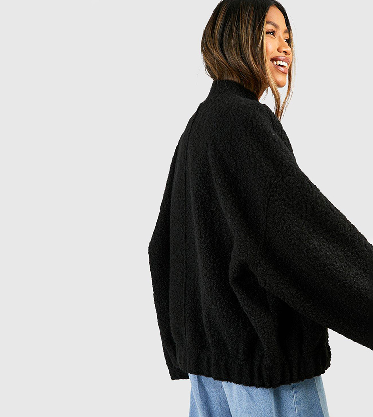 Black Faux Wool Bomber Jacket