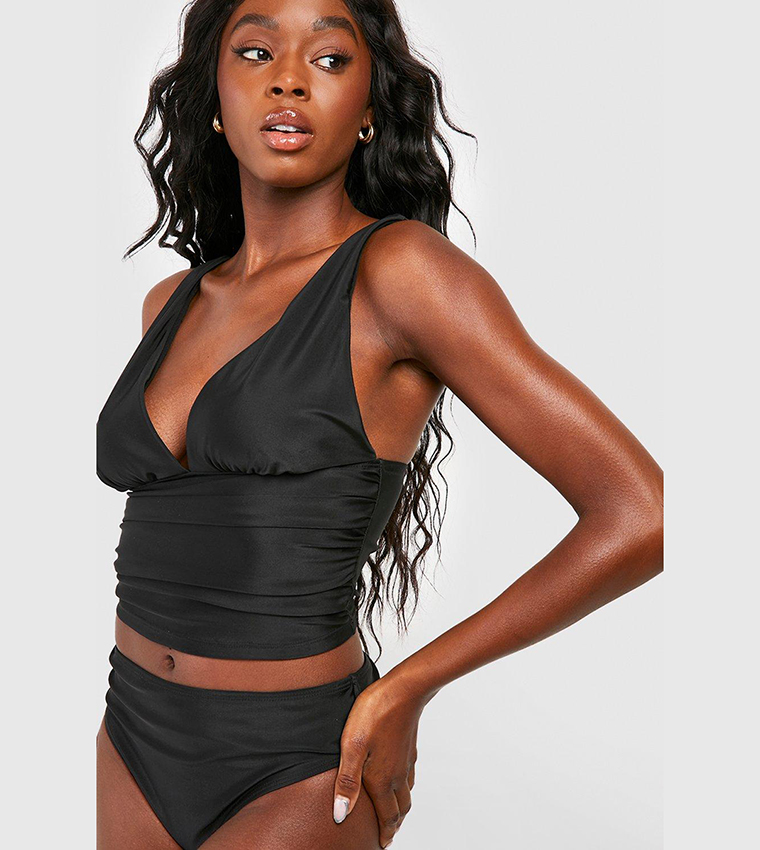 Buy Boohoo Tummy Control Plunge Tankini Bikini Set In Black