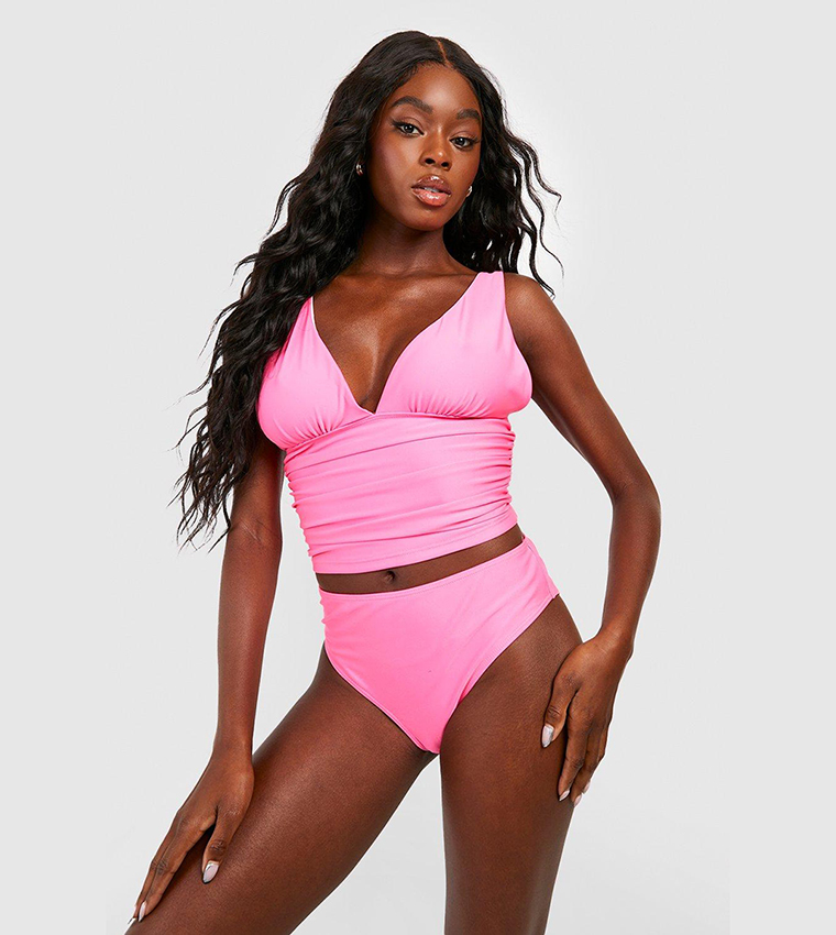 Buy Boohoo Tummy Control Plunge Tankini Bikini Set In Pink
