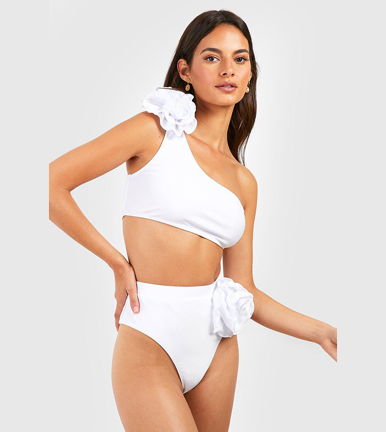 Buy Boohoo Rose Corsage One Shoulder Bikini Top In White
