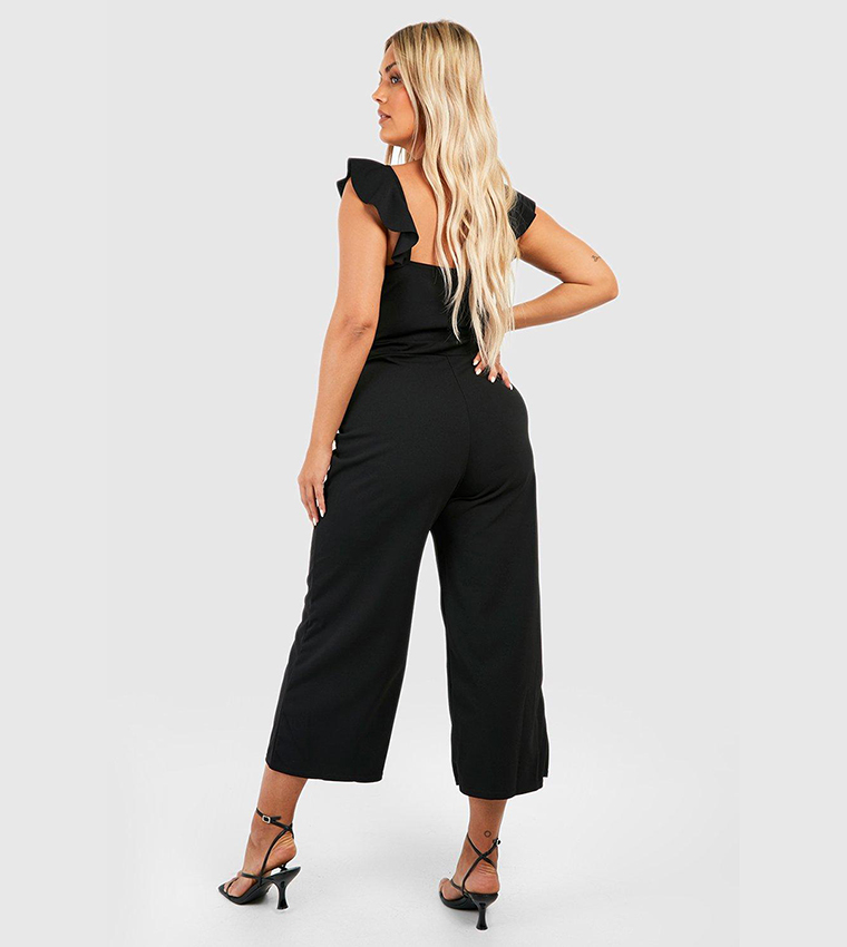 Buy Boohoo Twist Front Ruffle Strap Culotte Jumpsuit In Black