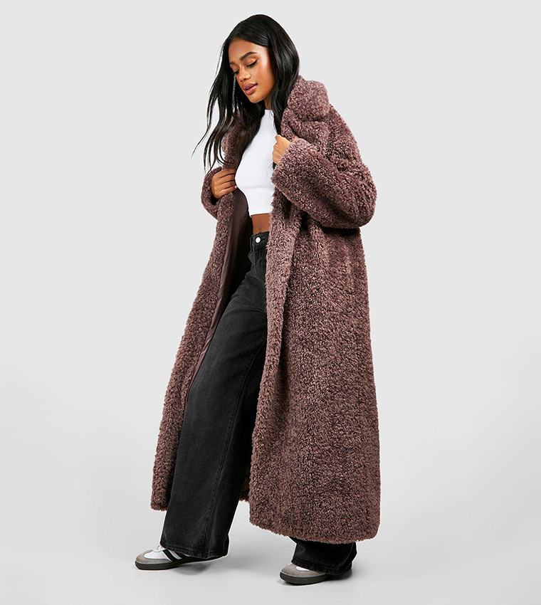 coat outlet textured longline faux fur coat