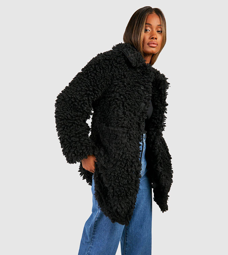 Black textured shop faux fur coat