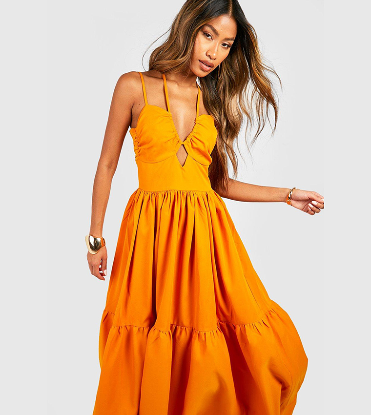 Buy Boohoo Poplin Tiered Maxi Dress In Orange | 6thstreet Qatar