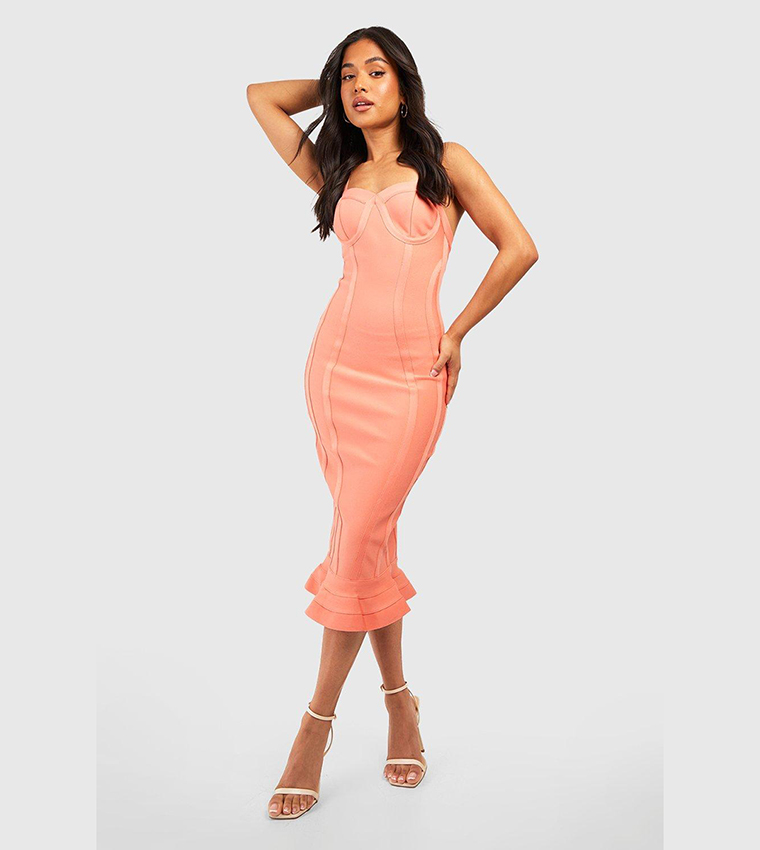 Buy Boohoo Bandage Frill Hem Midi Dress In Coral 6thStreet Oman
