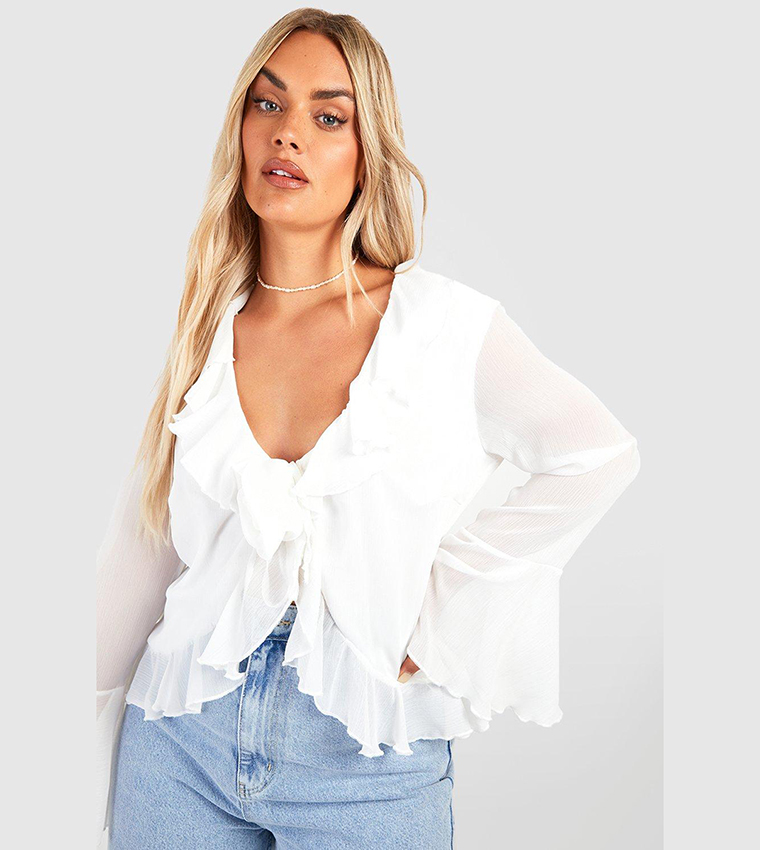 White ruffle hot sale blouse boohoo