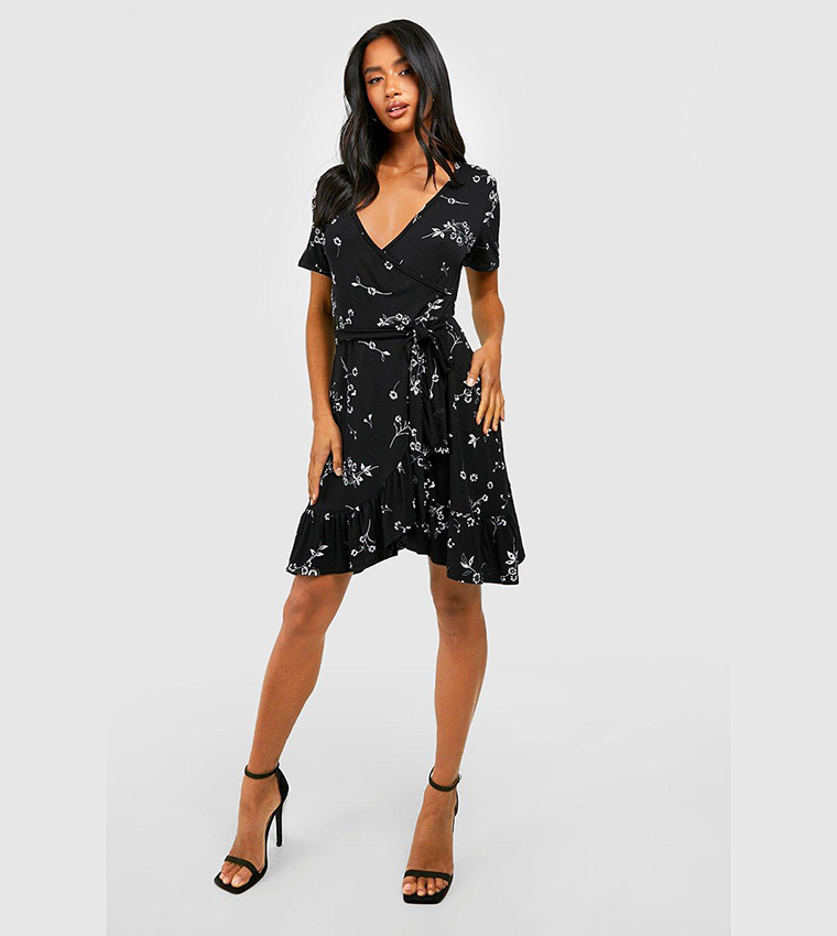 Buy Boohoo Floral Wrap Frill Hem Dress In Black 6thStreet Bahrain