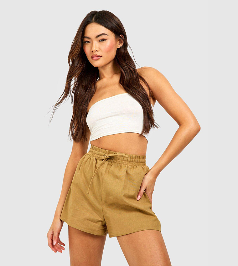 Buy Boohoo Linen Tie Waist Shorts In Khaki 6thStreet UAE