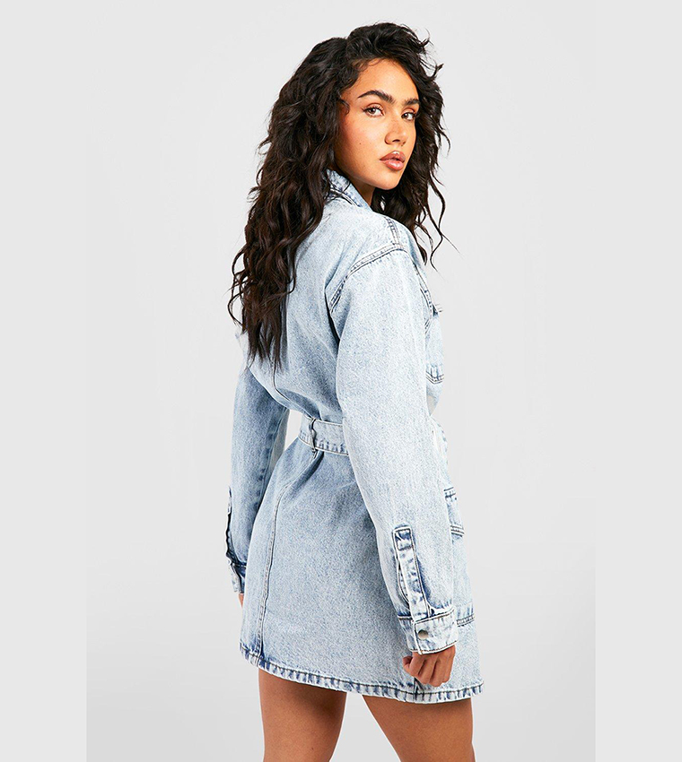 Buy Boohoo Belted Denim Micro Mini Shirt Dress In Blue | 6thStreet UAE