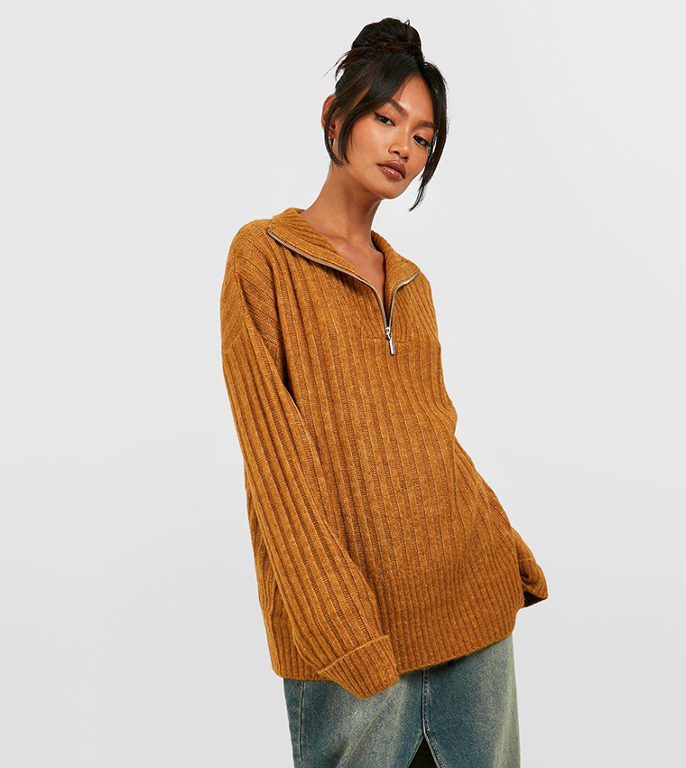 Buy Boohoo Soft Wide Rib Knit Half Zip Funnel Neck Jumper In Beige