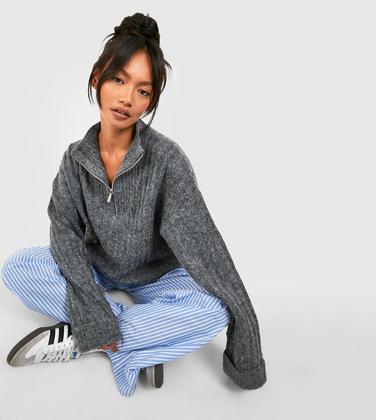Buy Boohoo Soft Wide Rib Knit Half Zip Funnel Neck Jumper In