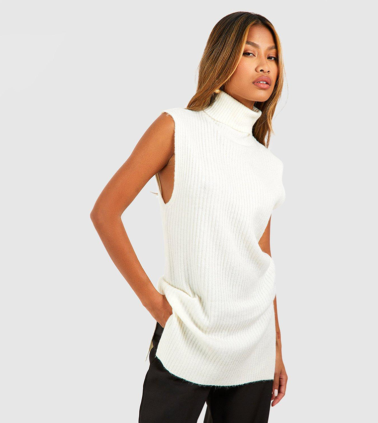 Buy Boohoo Roll Neck Rib Knitted Longline Tank In White