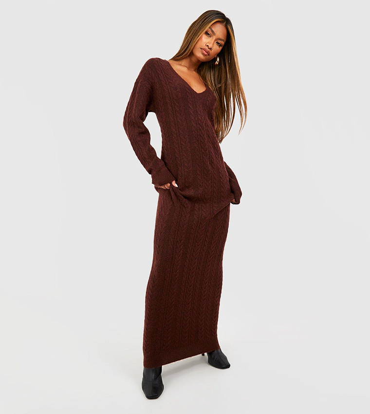 Brown Boohoo Sweater Dress Buy Boohoo Cable Knit V Neck Maxi