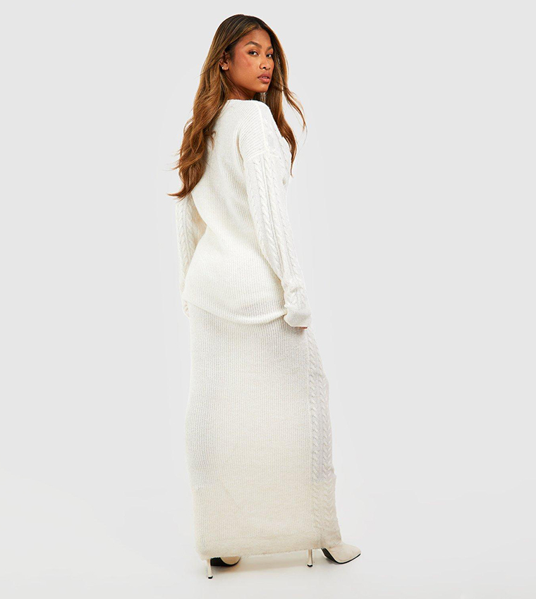 Buy Boohoo Cable Knit V Neck Maxi Jumper Dress In White