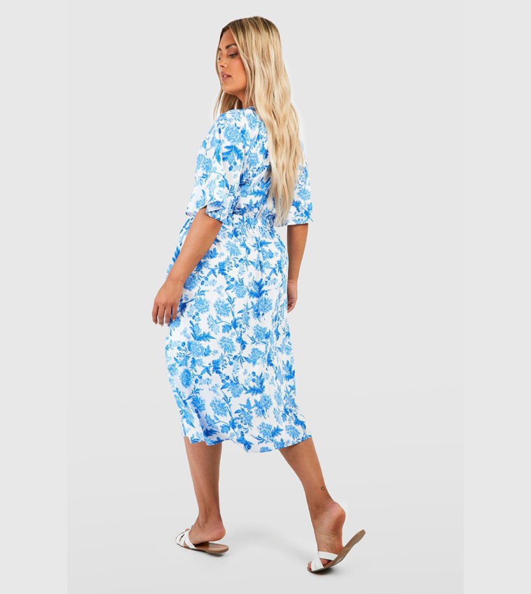 boohoo blue floral dress Robbie Floral Midi Dress in Blue