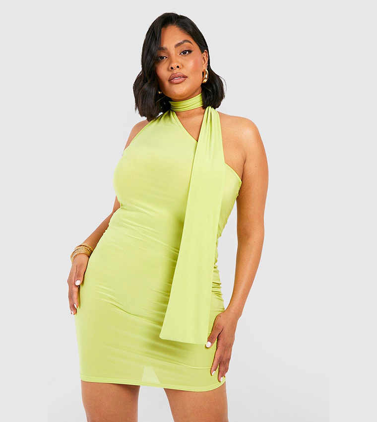 Buy Boohoo Slinky Neck Drape Tie Mini Dress In Lime | 6thstreet Oman