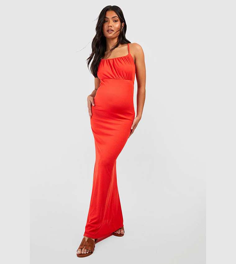Buy Boohoo Maternity Ruched Bust Strappy Maxi Dress In BURNT ORANGE