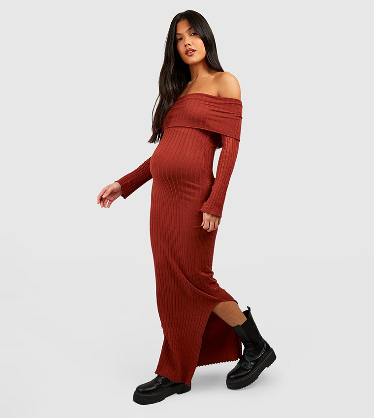 Buy Boohoo Bardot Neckline Knitted Maxi Dress In Orange 6thStreet Bahrain