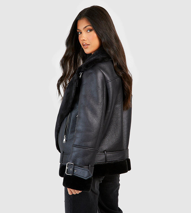 Black faux shearling trim aviator outlet jacket