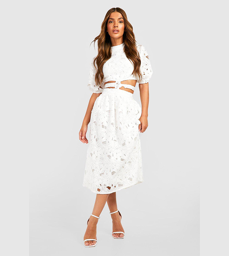 lace midi dress boohoo boohoo Women's Satin Asym Hem Midi Dress With Contrast Lace in Peach