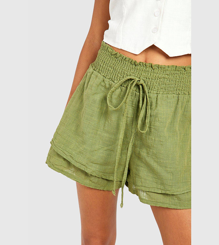 Buy Boohoo Linen Ruffle Tie Waist Shorts In Khaki 6thStreet