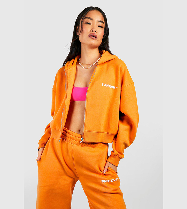 Buy Boohoo Pantone Boxy Zip Through Hoodie In Orange 6thStreet UAE