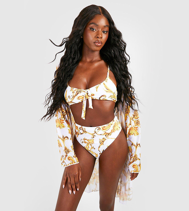 Buy Boohoo Pack Baroque Tie Bikini And Kimono Set In White - Main Image