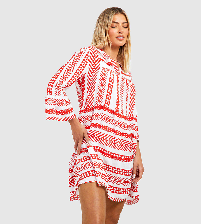 Buy Boohoo Printed Tiered Shift Beach Kaftan Dress In Red