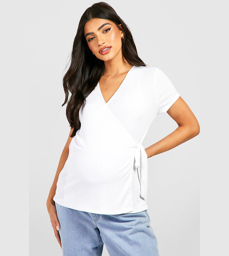 Buy Boohoo Maternity Ribbed Wrap Nursing Short Sleeves Top In White