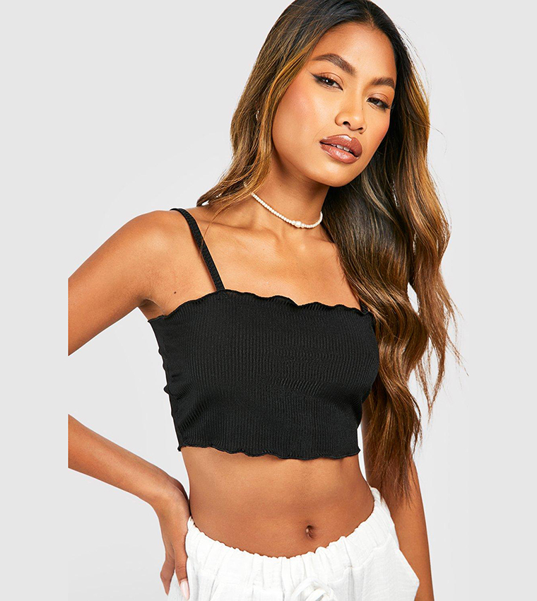 Black Basic Lettuce Hem Crop Rib Top