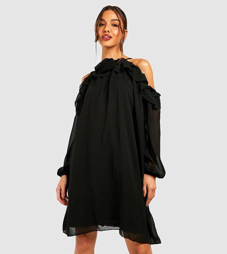 Buy Boohoo Corsage Cold Shoulder Swing Mini Dress In Black 6thStreet Bahrain