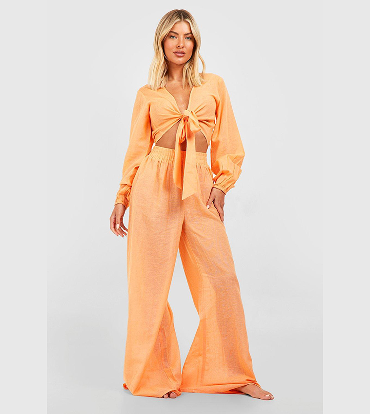 Buy Boohoo Linen Look Tie Shirt And Trouser Beach Co Ord Set In Sand ...