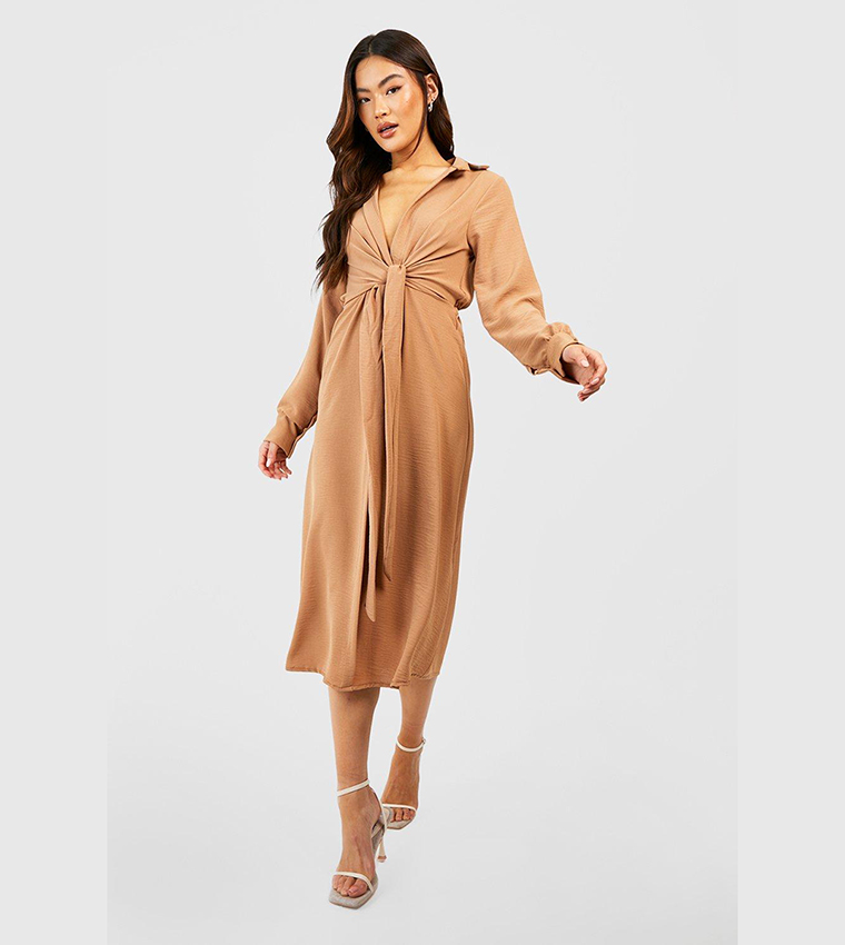 Buy Boohoo Hammered Tie Front Midi Shirt Dress In Camel